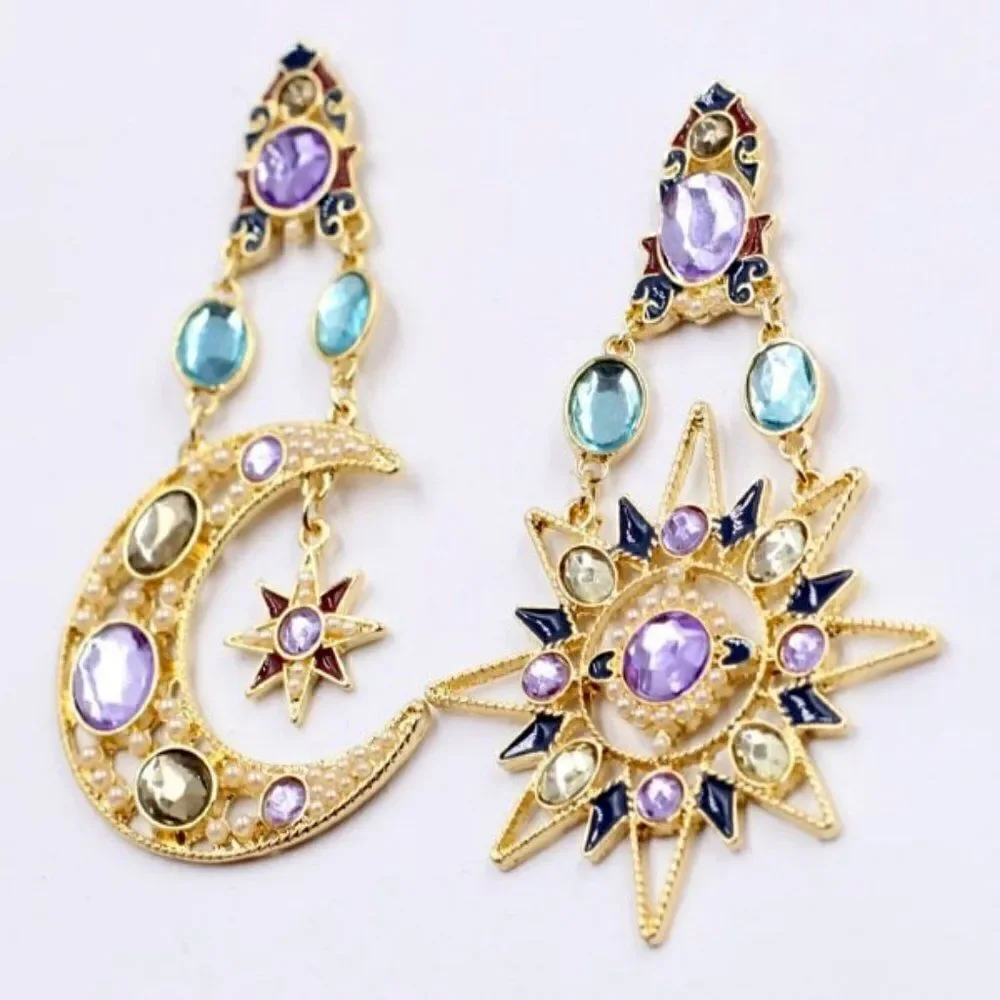 CRYSTAL PEARL CELESTIAL MOON AND SUN STAR DANGLE EARRINGS